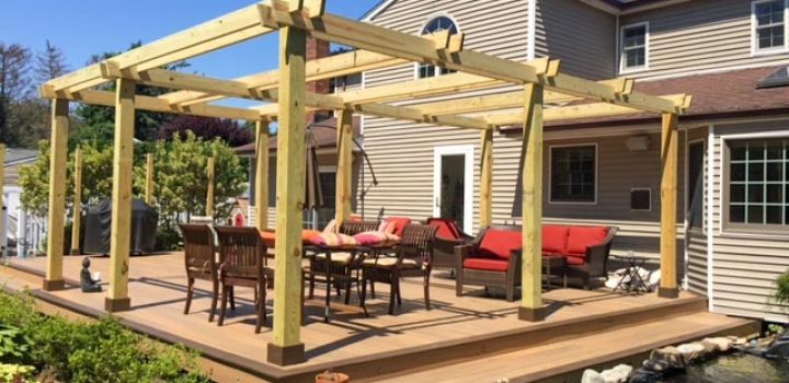 Wood deck with pergola, outdoor furniture sets for family gathering